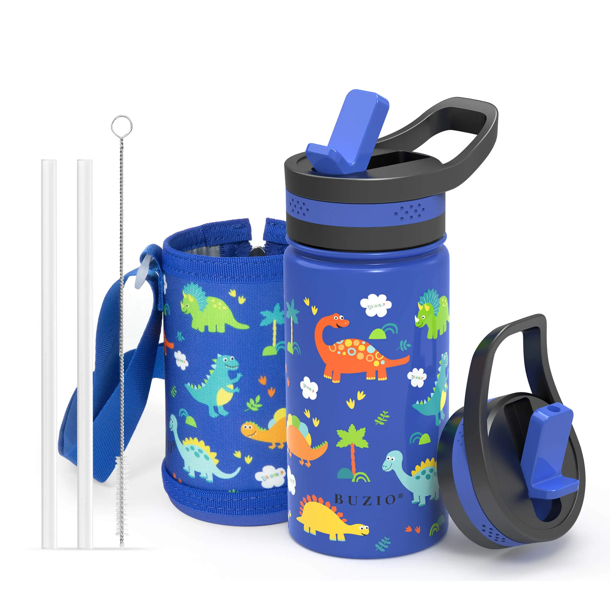 Kids Water Bottle with Carrying Pouch | 14oz | Blue Dinosaur Park