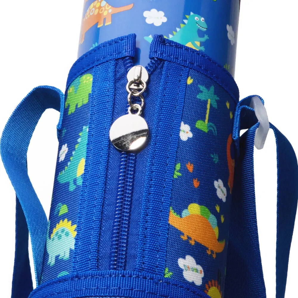 Kids Water Bottle with Carrying Pouch | 14oz | Blue Dinosaur Park