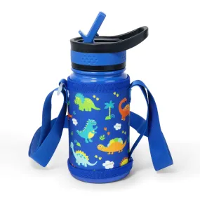 Kids Water Bottle with Carrying Pouch | 14oz | Blue Dinosaur Park