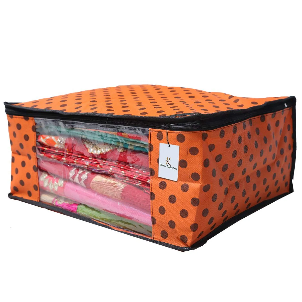 Kuber Industries 2 Piece Designer Polka Dots Non Woven Saree Cover Set, Orange