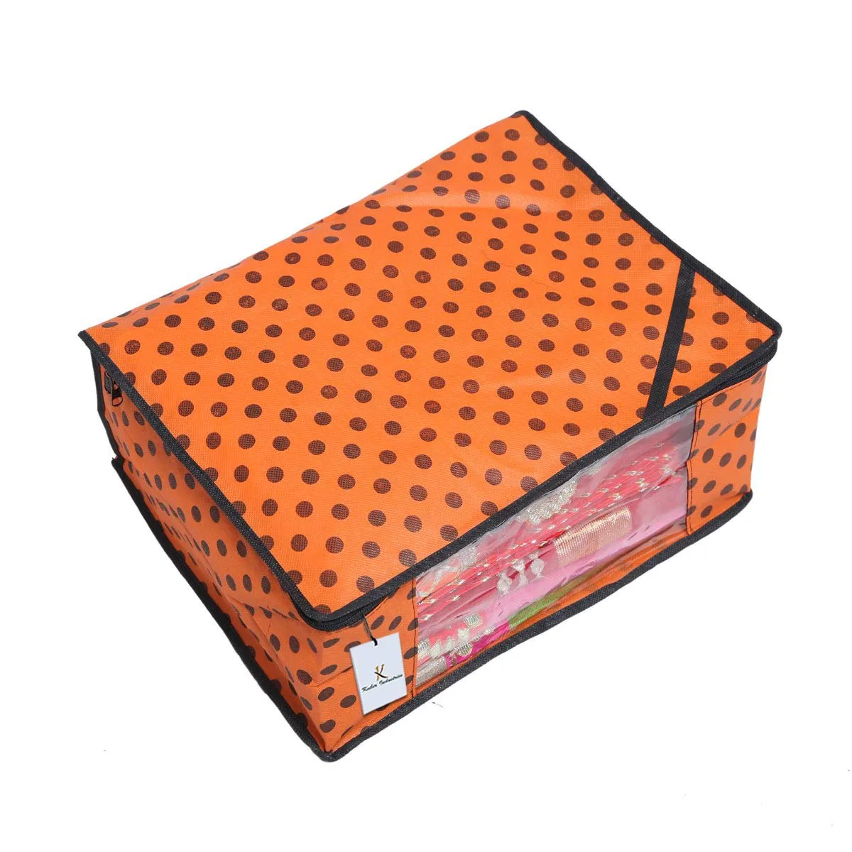 Kuber Industries 2 Piece Designer Polka Dots Non Woven Saree Cover Set, Orange