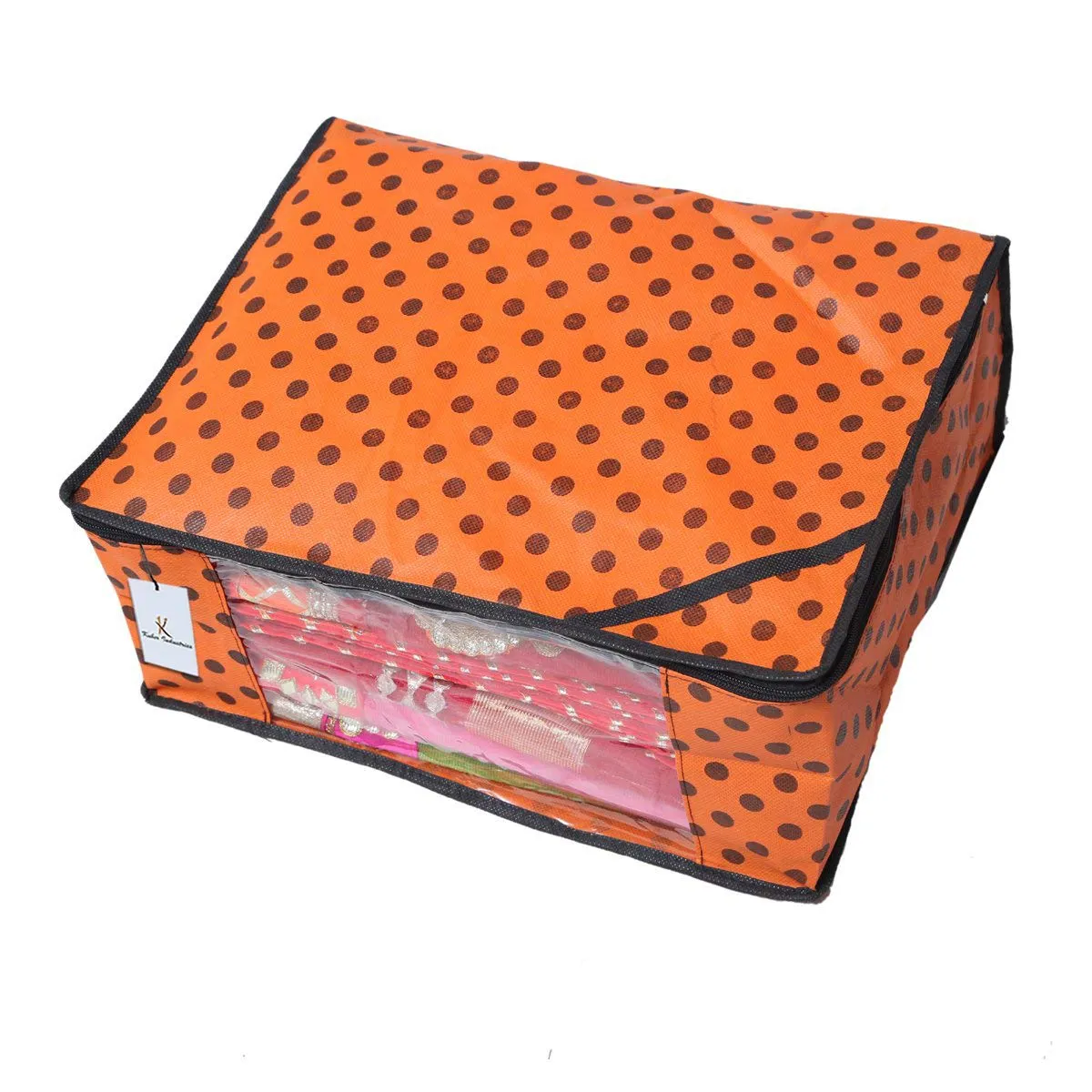 Kuber Industries 2 Piece Designer Polka Dots Non Woven Saree Cover Set, Orange