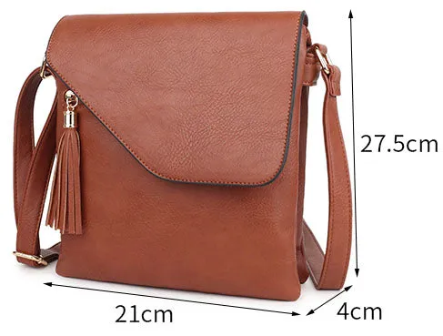 LARGE BROWN TASSEL MULTI COMPARTMENT CROSS BODY SHOULDER BAG WITH LONG STRAP