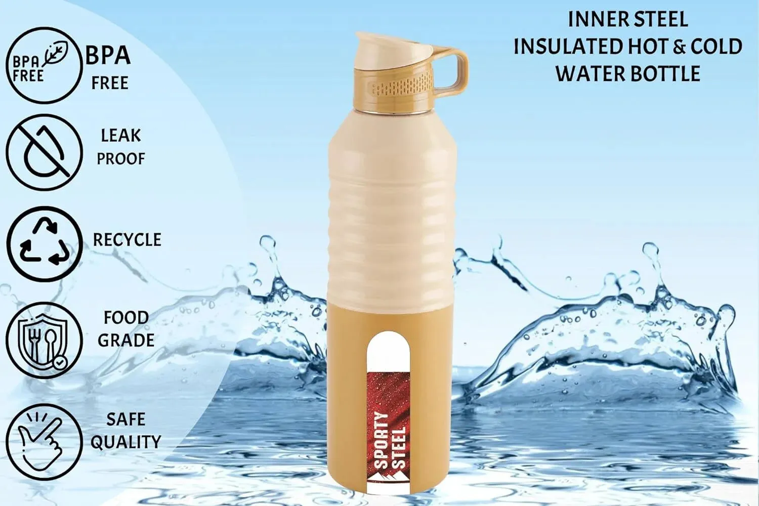 Liza Brown Sporty Insulated Steel Bottle for Office, Home, School | Leak Proof | Wide Mouth 800ml