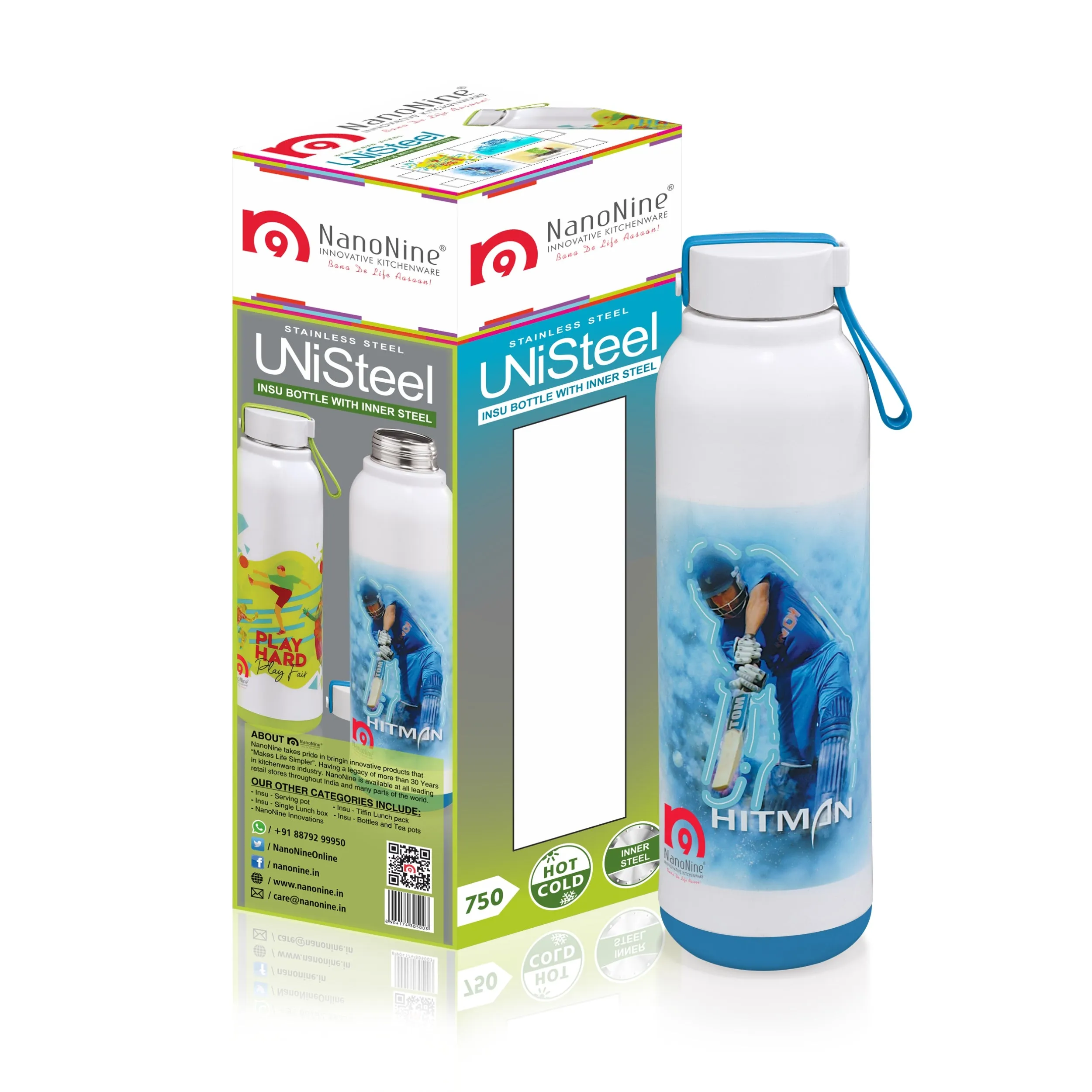 NanoNine Uni Steel 700ml (Hitman Blue) Double Wall Insulated Stainless Steel Bottle.