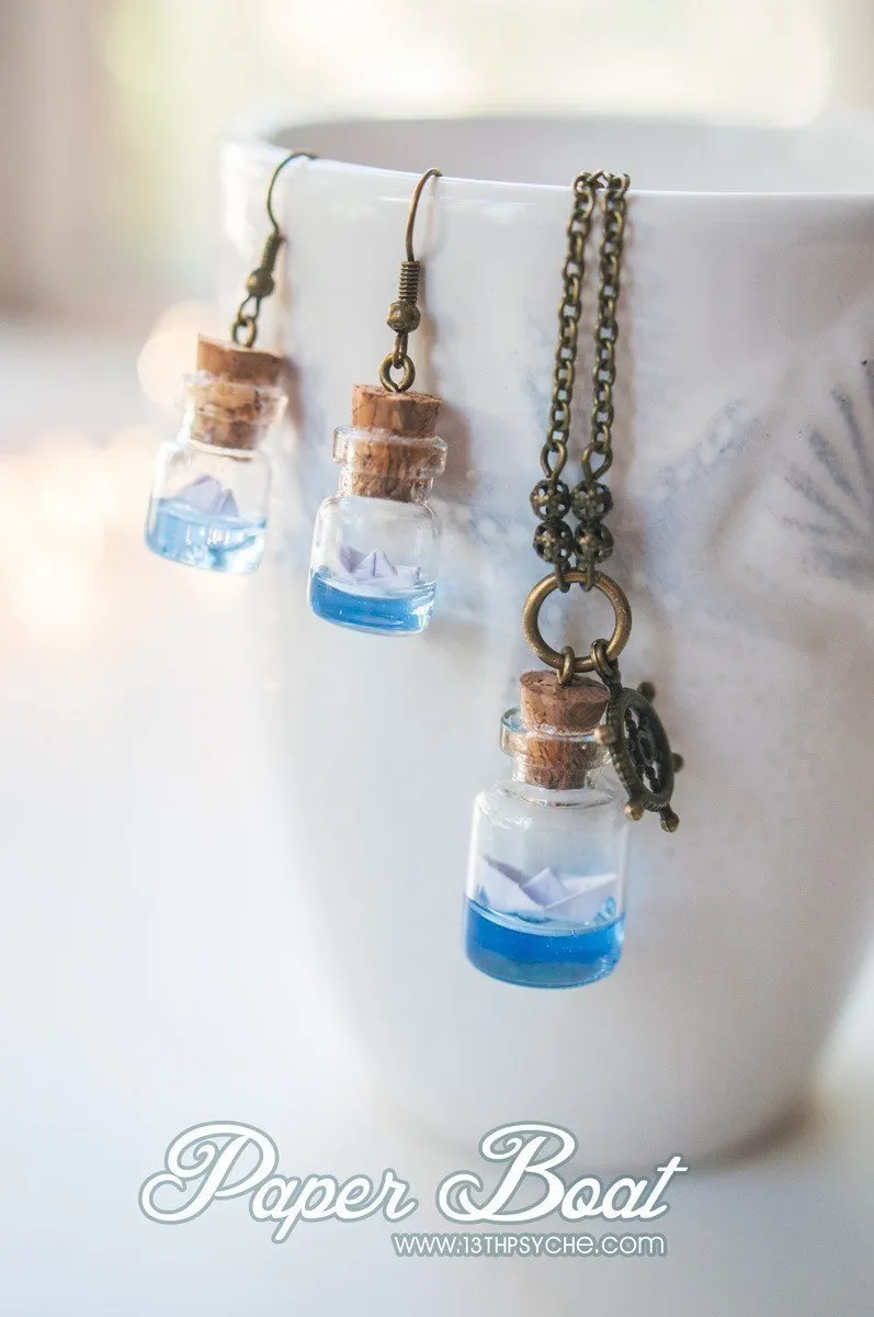 Ocean inspired, paper boat bottle earrings