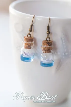 Ocean inspired, paper boat bottle earrings