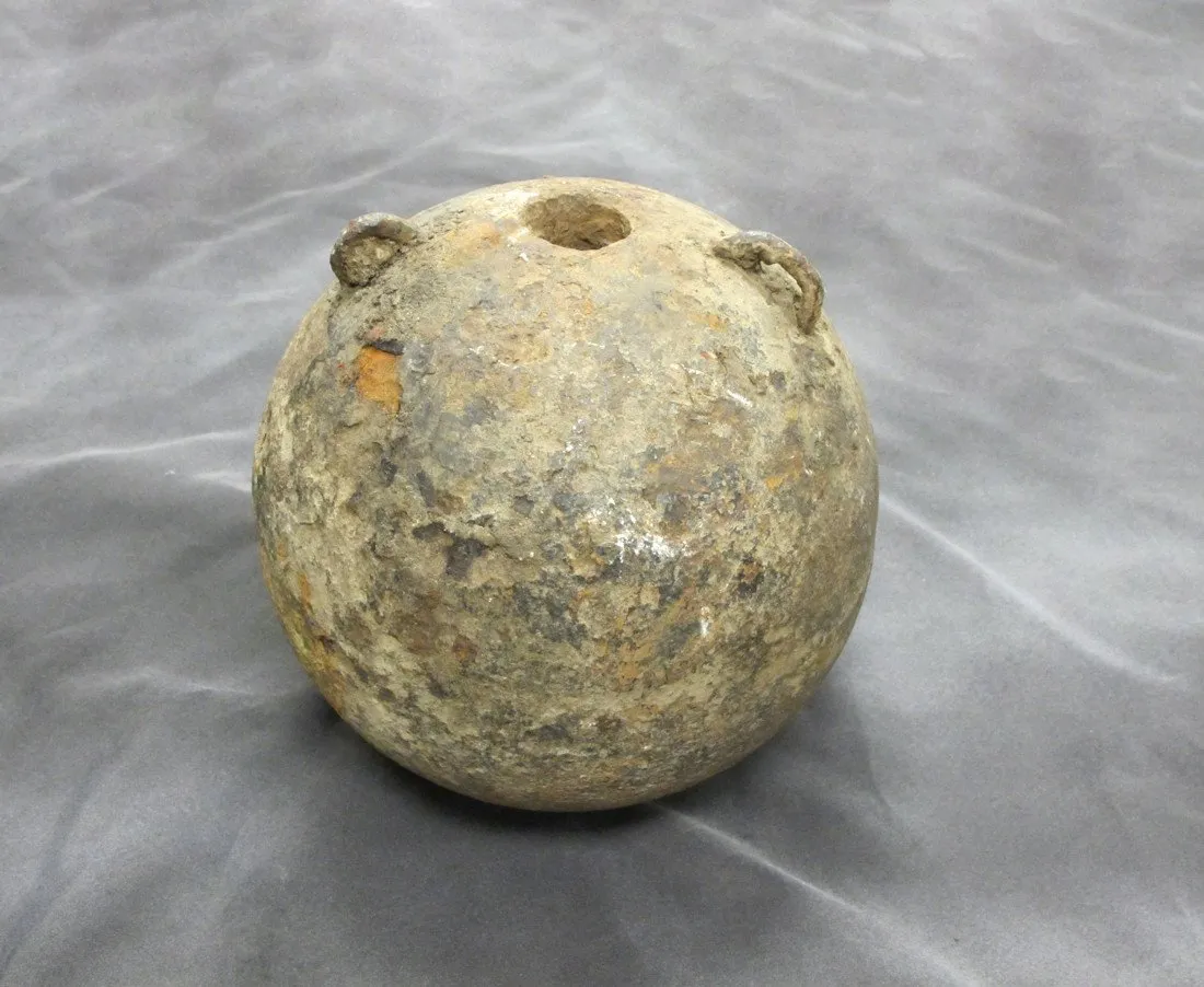 Original 18th Century Explosive Iron Mortar Ball with Lifting Rings