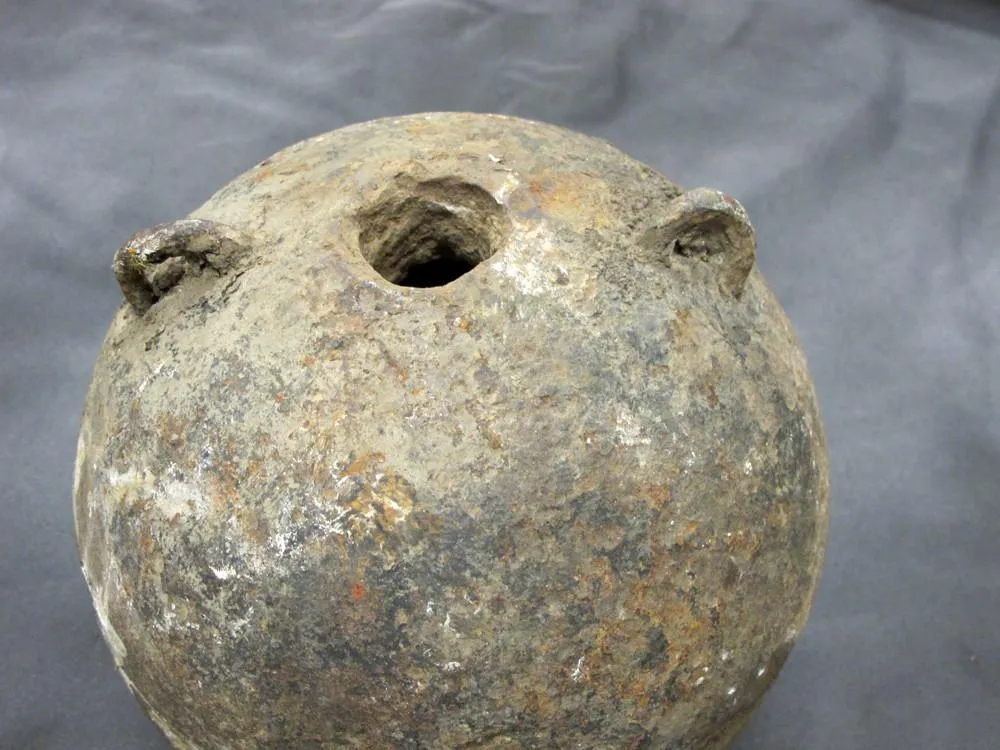 Original 18th Century Explosive Iron Mortar Ball with Lifting Rings