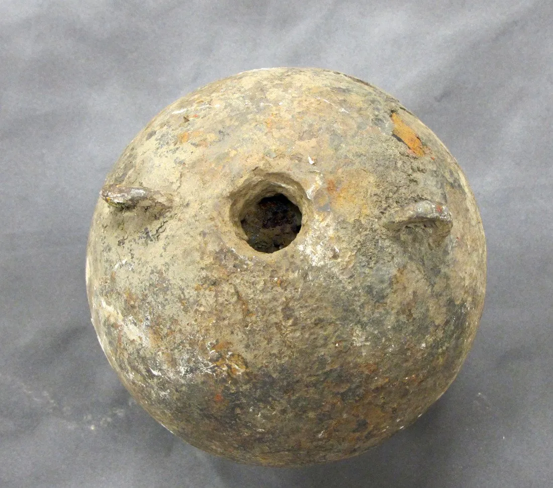 Original 18th Century Explosive Iron Mortar Ball with Lifting Rings