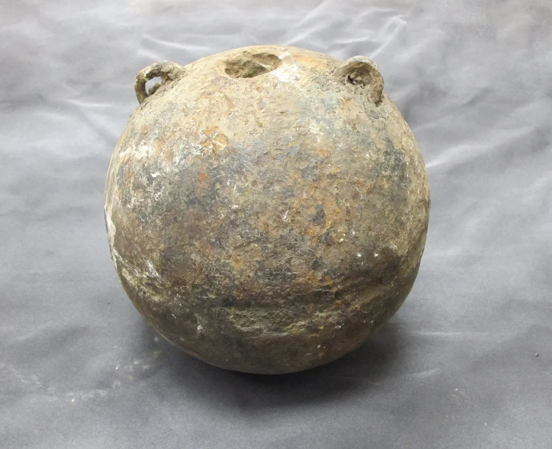 Original 18th Century Explosive Iron Mortar Ball with Lifting Rings