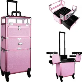 Pink Krystal 3-Tiers Rolling Makeup-Nail Case