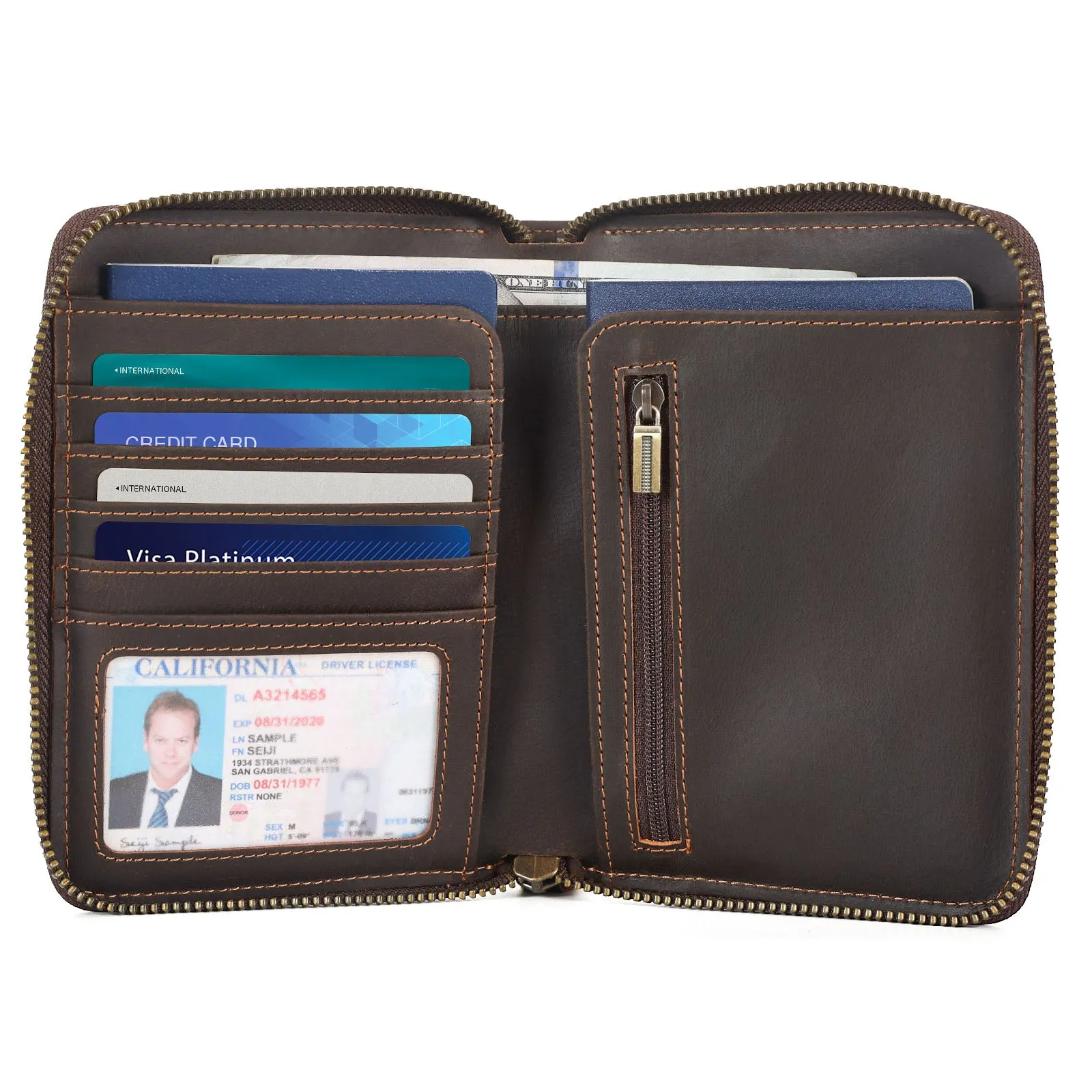 Polare Full Grain Leather Travel Passport Wallet with YKK Zipper and RFID Blocking Document Organizer Holder 2 Passports (Cocoa Brown/Dark Brown)