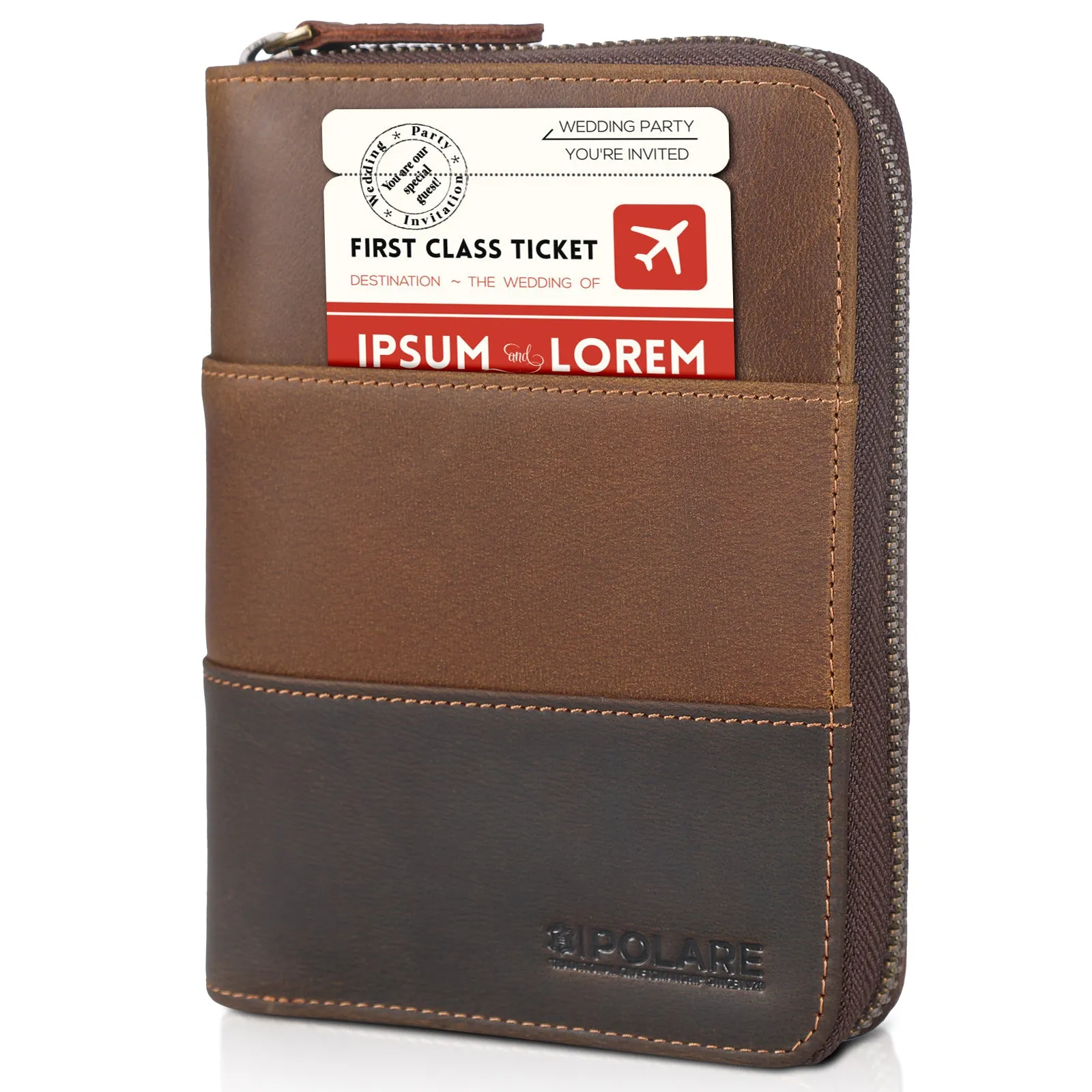 Polare Full Grain Leather Travel Passport Wallet with YKK Zipper and RFID Blocking Document Organizer Holder 2 Passports (Cocoa Brown/Dark Brown)