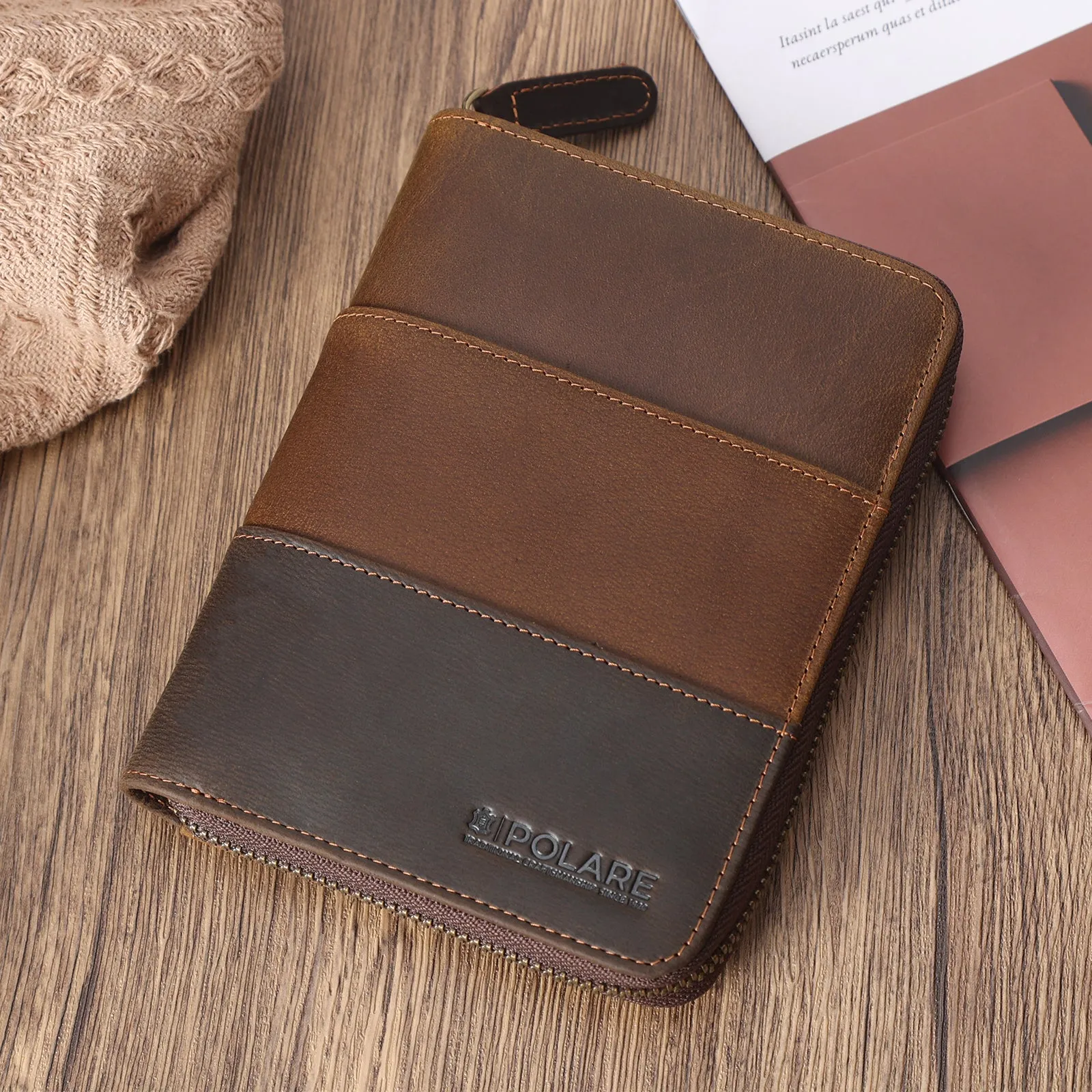 Polare Full Grain Leather Travel Passport Wallet with YKK Zipper and RFID Blocking Document Organizer Holder 2 Passports (Cocoa Brown/Dark Brown)