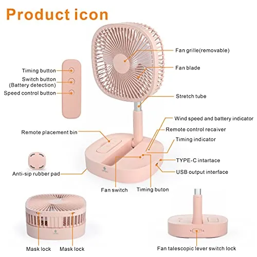 Portable Pedestal Fan - Foldaway Standing Fan Foldable Desk Fan, Wireless Use 7200Mah Rechargeable Battery, Remote Control Telescopic 4 Speed Quiet Timer Fan for Home Kitchen Outdoor Camping (Pink)