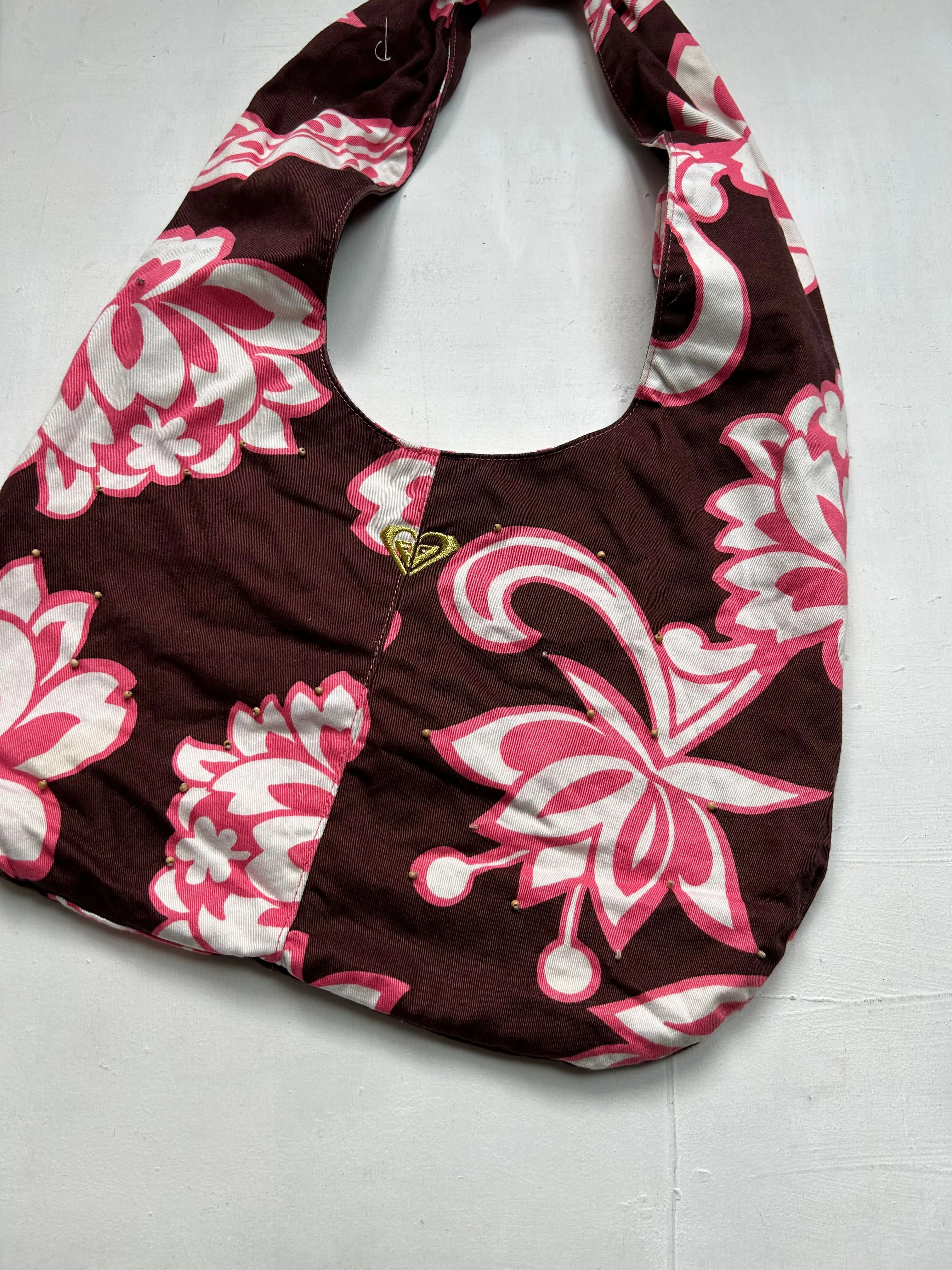 Purple floral print cotton adjustable shoulder bag