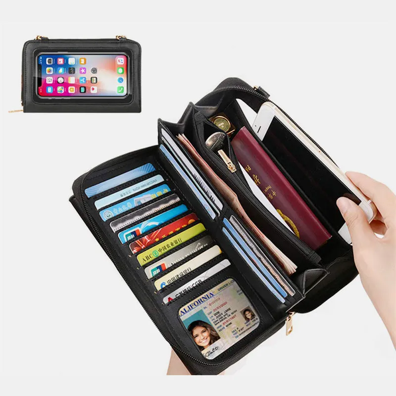 RFID Men's Large Capacity Multi-Compartment Transparent Window Leather Phone Wallet