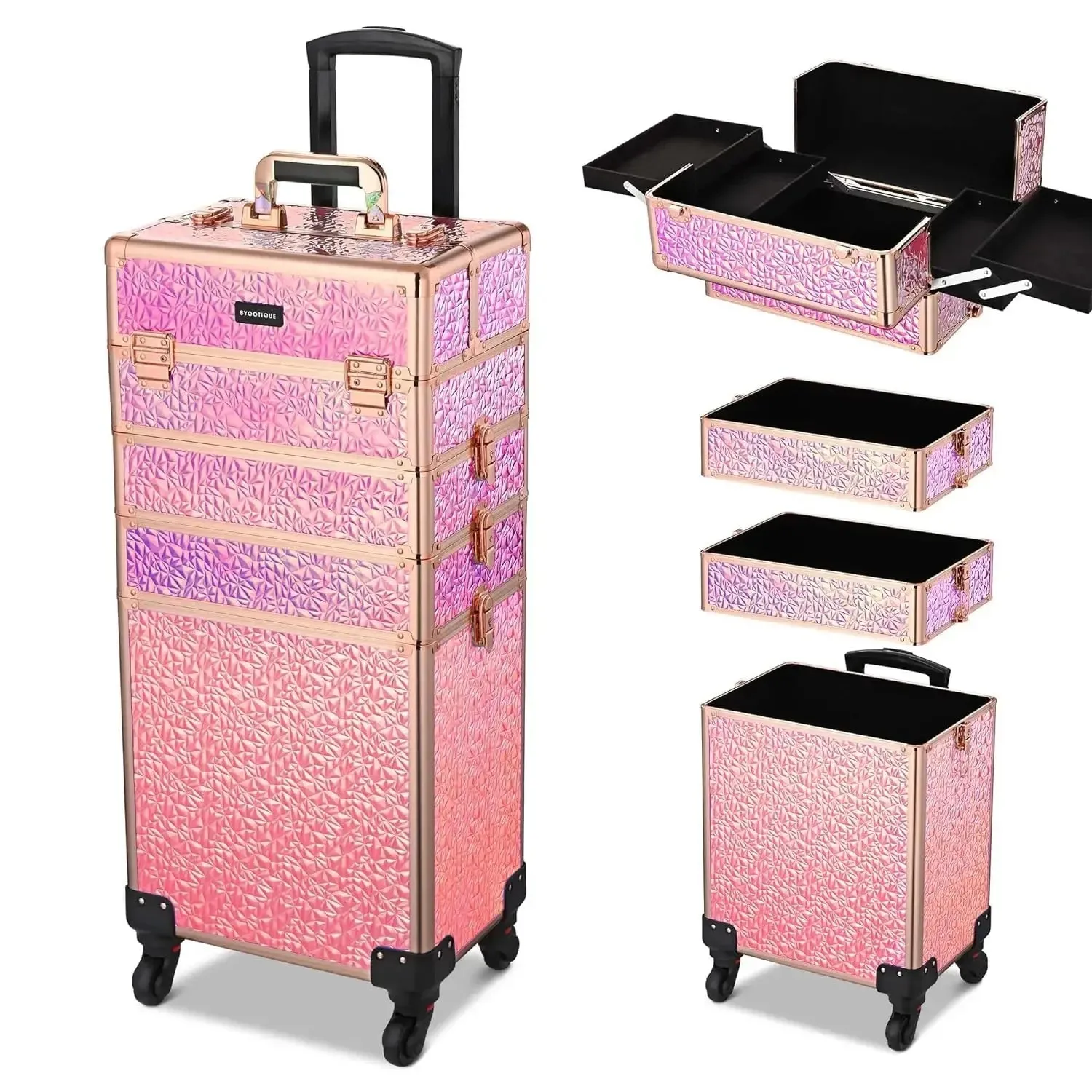 Rolling Makeup Train Case 4in1 Cosmetic Trolley Organizer Travel Case Lockable Barber Case Traveling Cart Trunk with Wheels