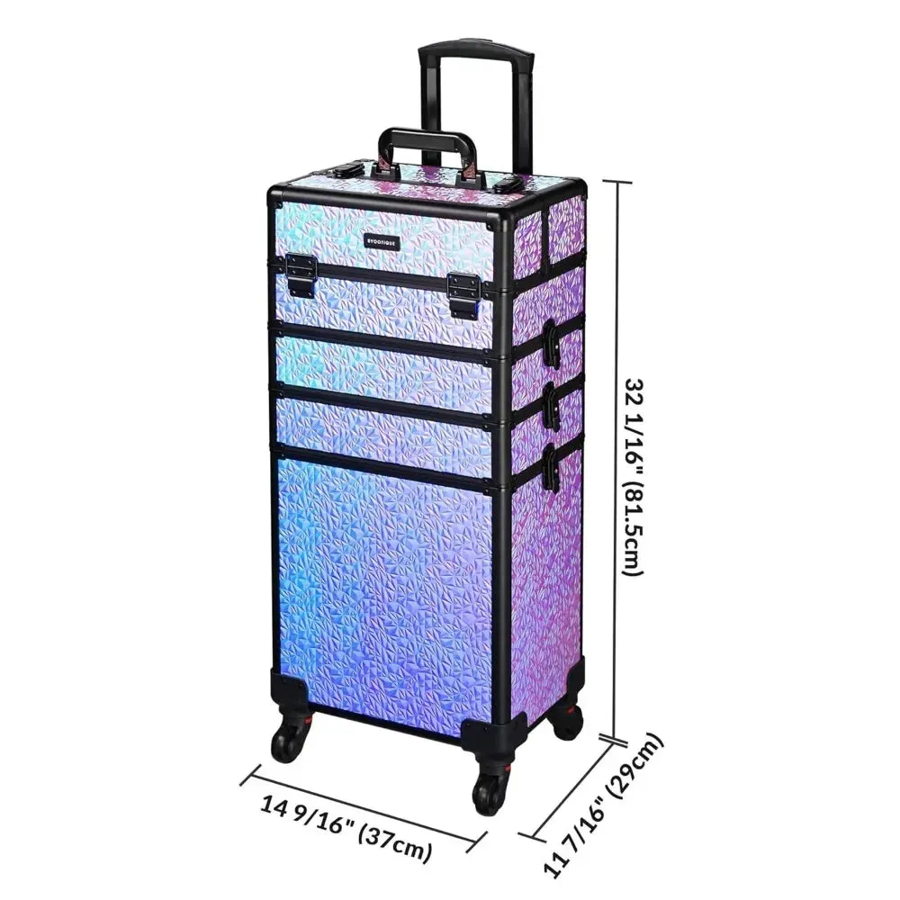 Rolling Makeup Train Case 4in1 Cosmetic Trolley Organizer Travel Case Lockable Barber Case Traveling Cart Trunk with Wheels