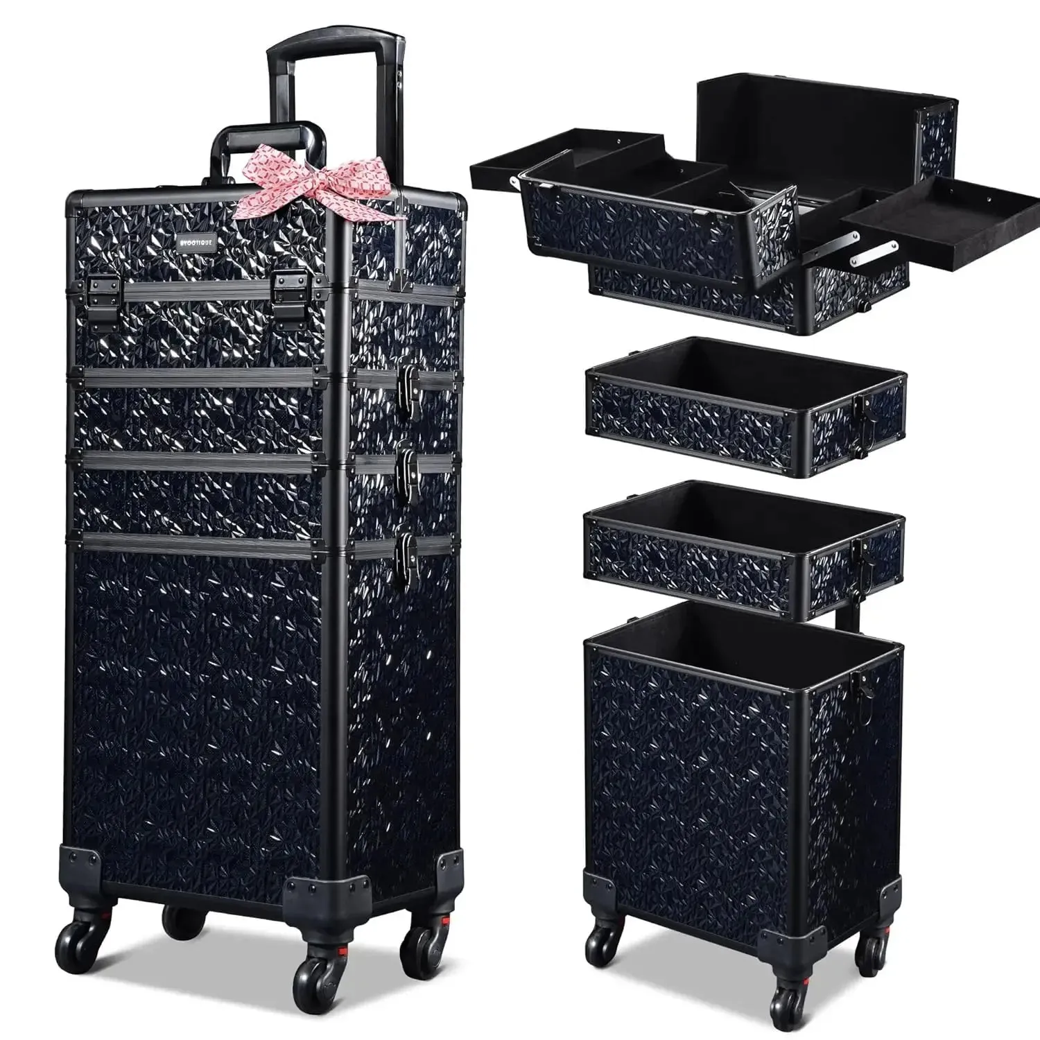 Rolling Makeup Train Case 4in1 Cosmetic Trolley Organizer Travel Case Lockable Barber Case Traveling Cart Trunk with Wheels