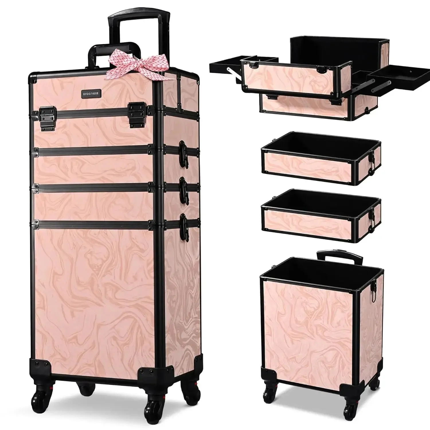 Rolling Makeup Train Case 4in1 Cosmetic Trolley Organizer Travel Case Lockable Barber Case Traveling Cart Trunk with Wheels