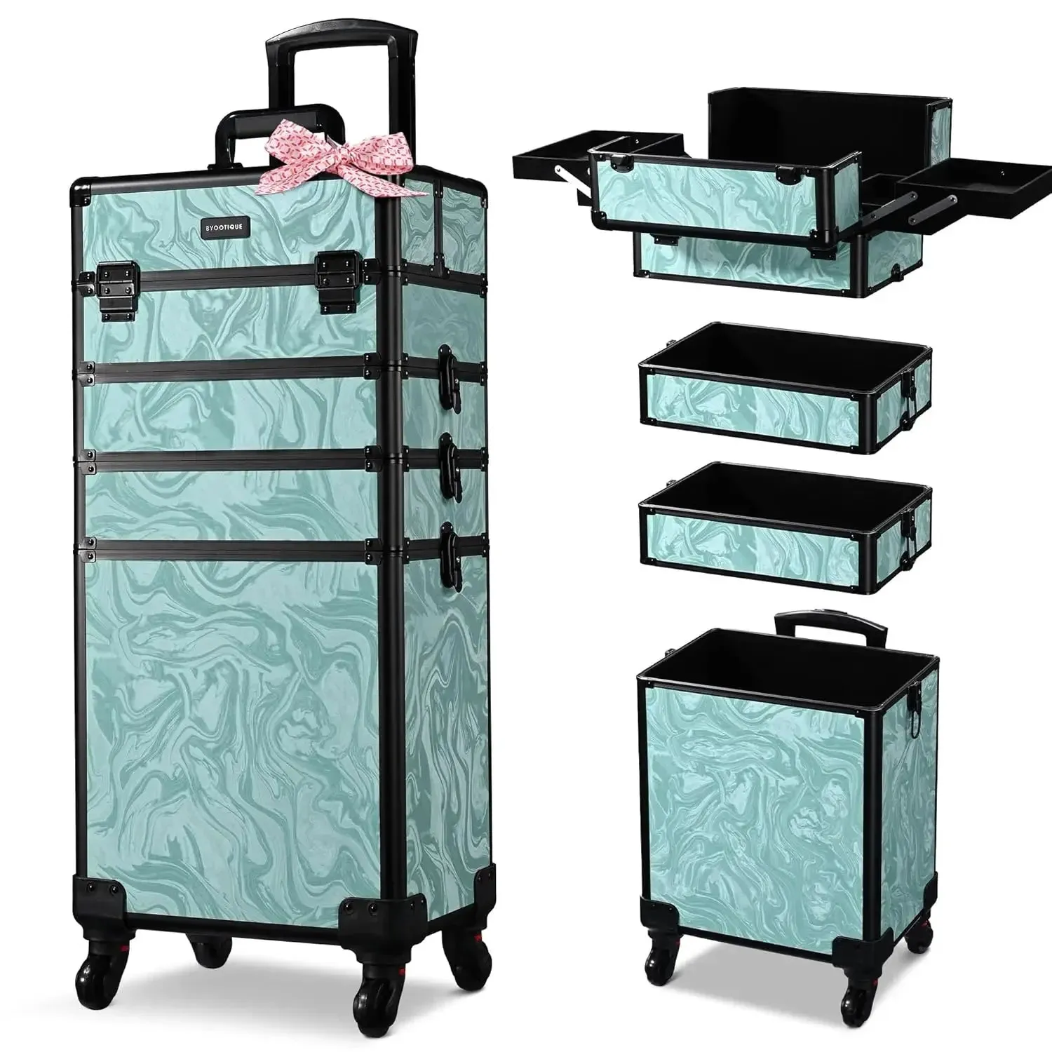 Rolling Makeup Train Case 4in1 Cosmetic Trolley Organizer Travel Case Lockable Barber Case Traveling Cart Trunk with Wheels