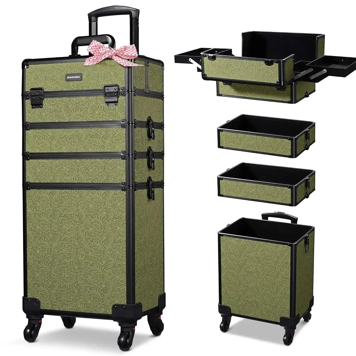 Rolling Makeup Train Case 4in1 Cosmetic Trolley Organizer Travel Case Lockable Barber Case Traveling Cart Trunk with Wheels