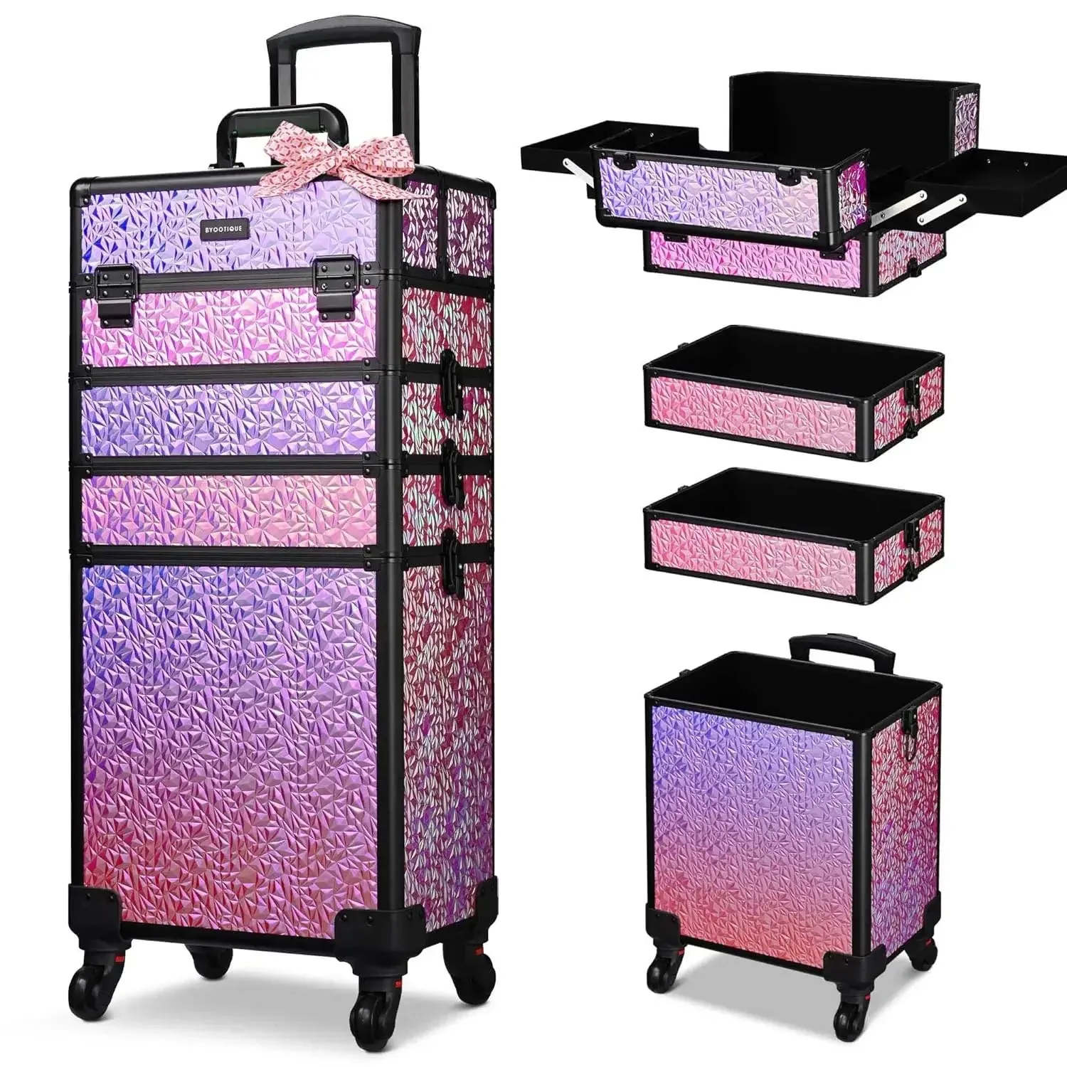 Rolling Makeup Train Case 4in1 Cosmetic Trolley Organizer Travel Case Lockable Barber Case Traveling Cart Trunk with Wheels