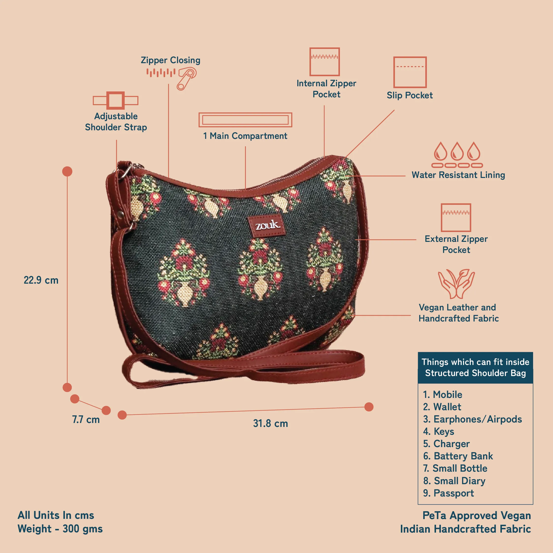 Royal Green Mogra Print Structured Shoulder Bag