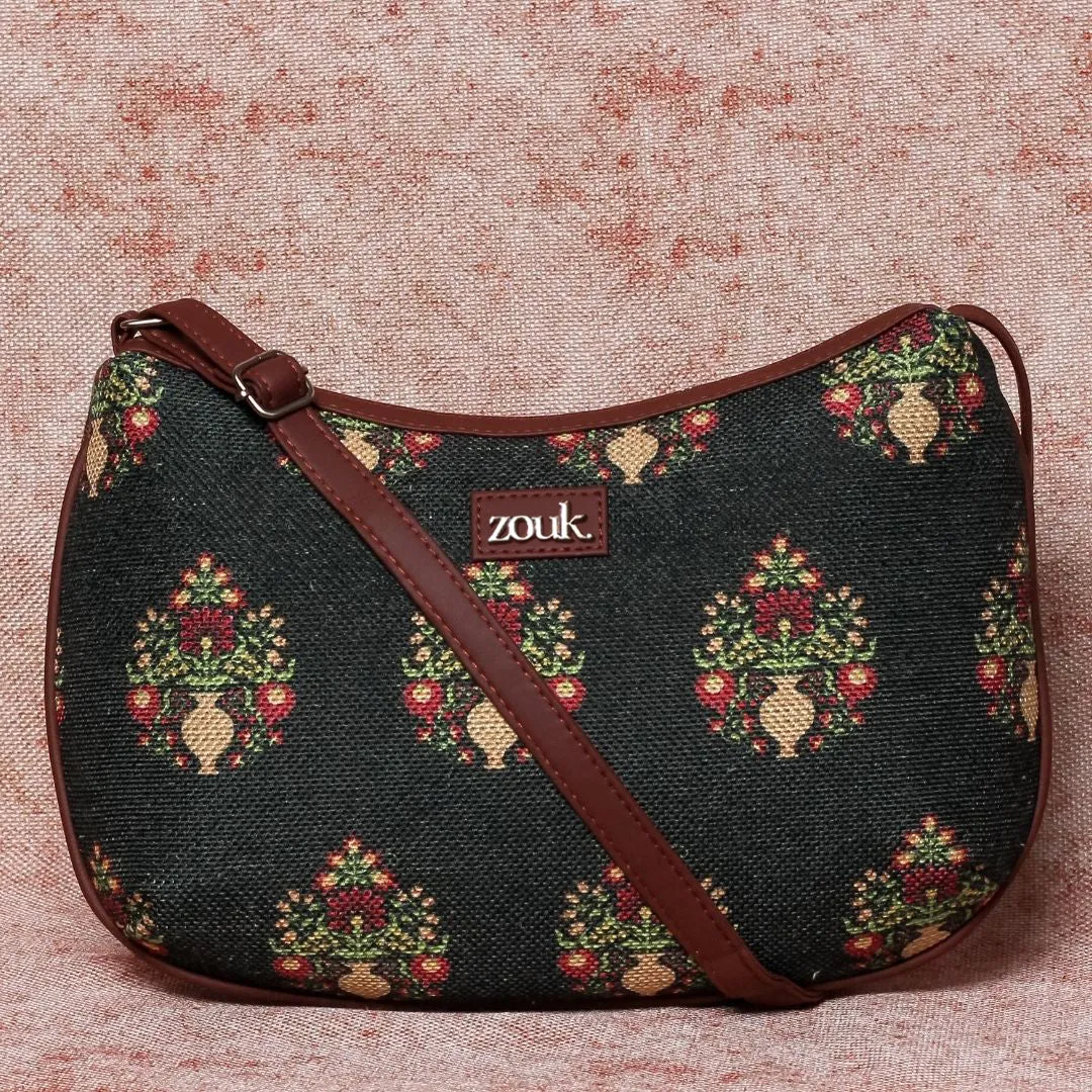 Royal Green Mogra Print Structured Shoulder Bag