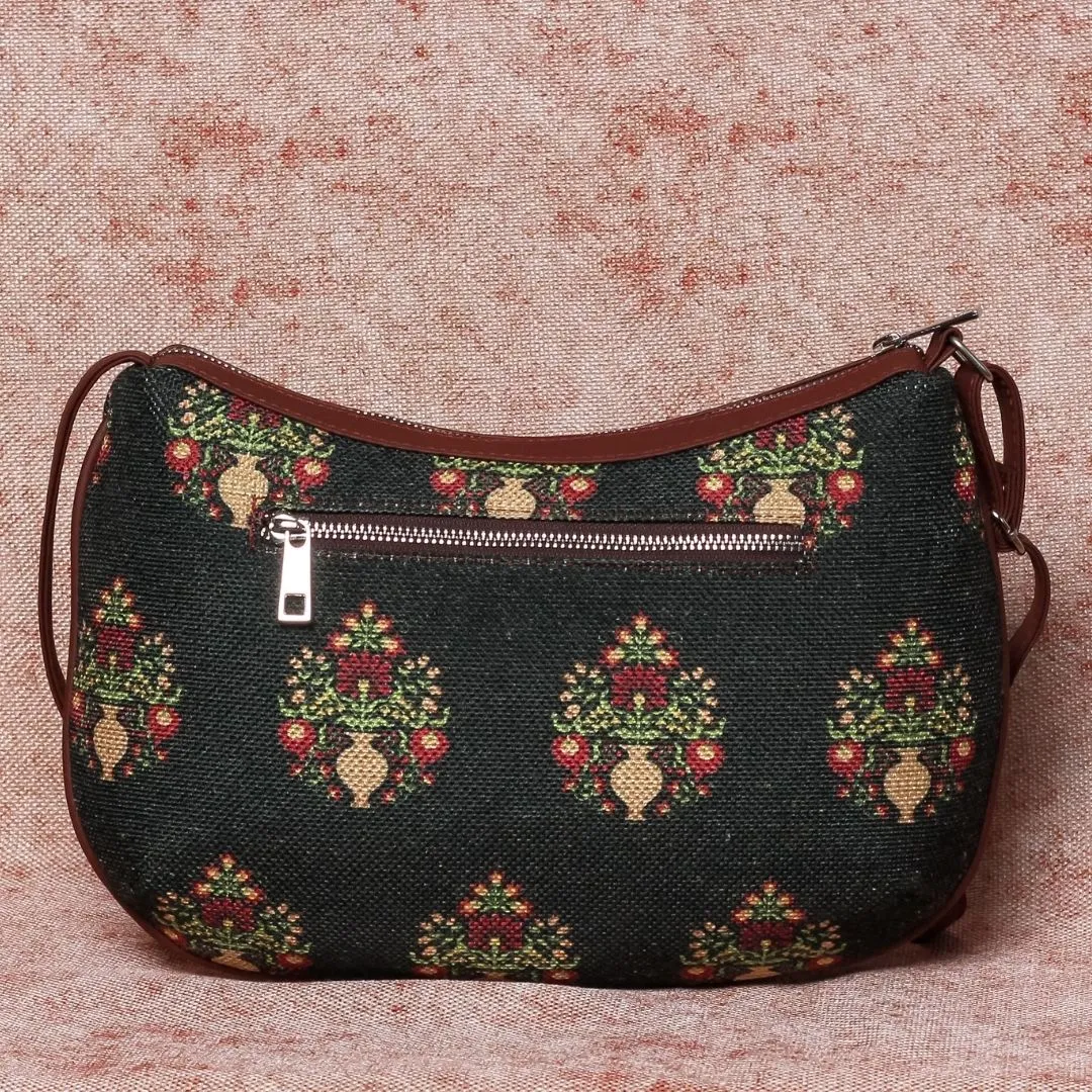 Royal Green Mogra Print Structured Shoulder Bag