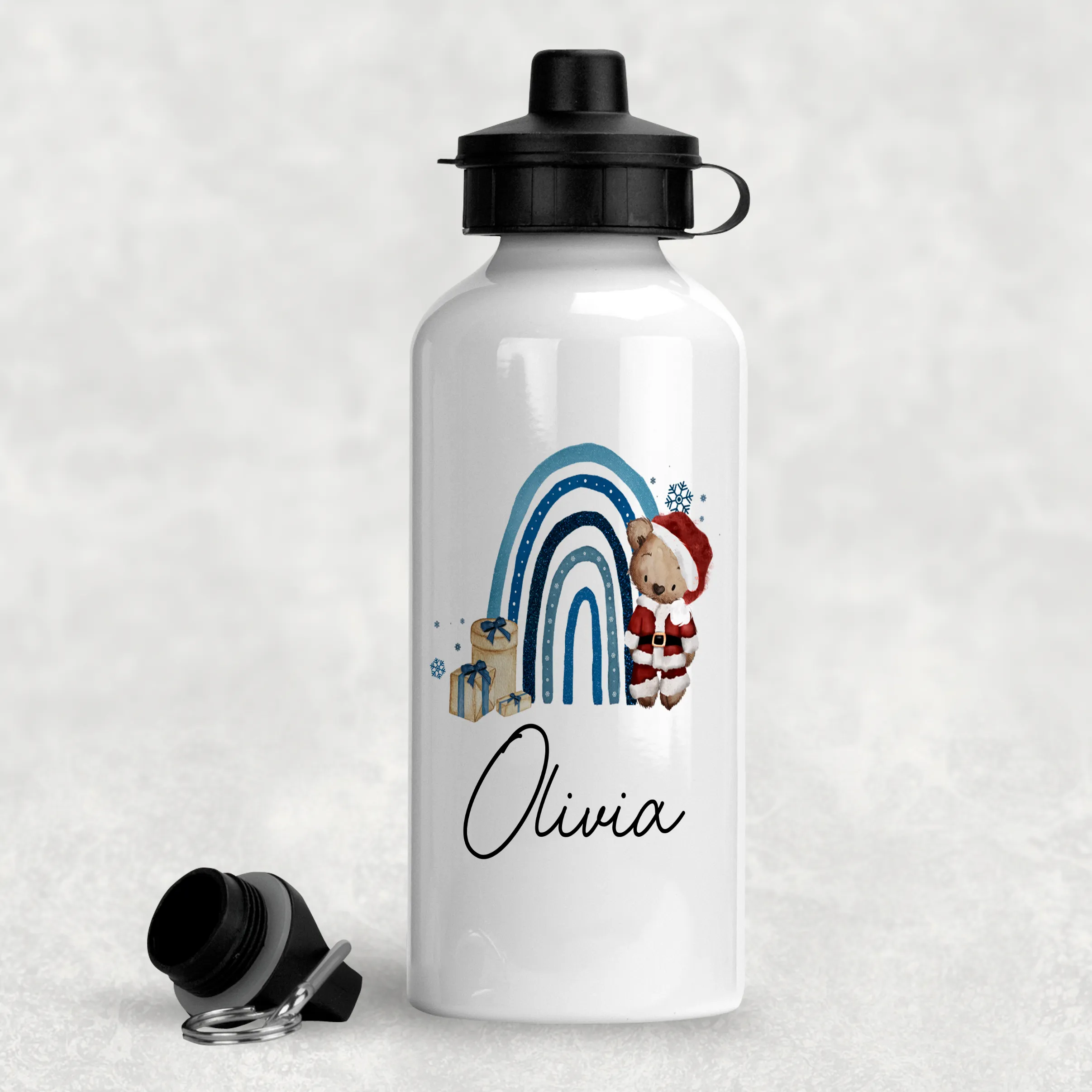 Santa Bear Rainbow Christmas Personalised Aluminium Water Bottle 400/600ml