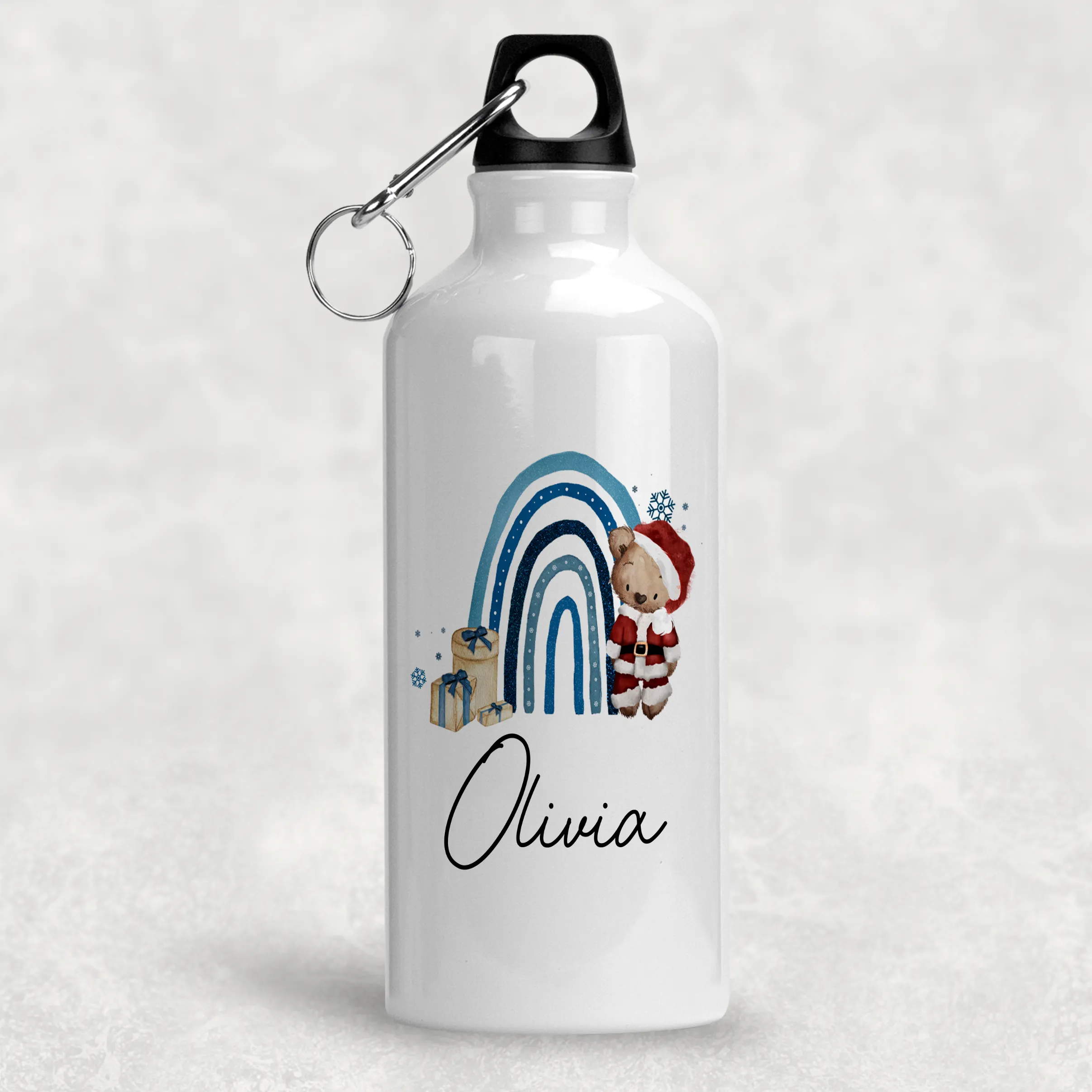 Santa Bear Rainbow Christmas Personalised Aluminium Water Bottle 400/600ml