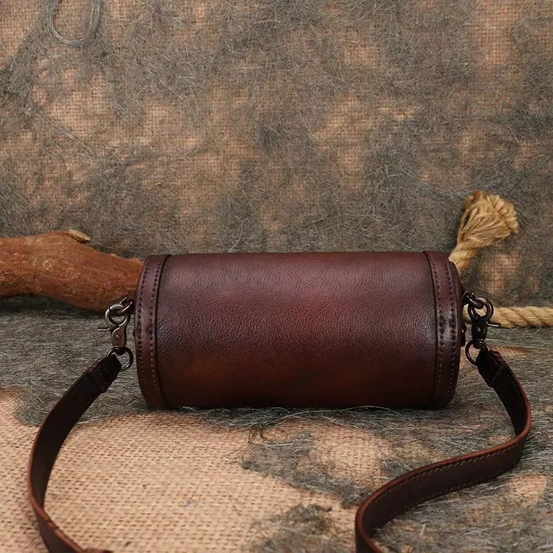 Small Leather Shoulder Bag Barrel Purse Brown Leather Crossbody Bag