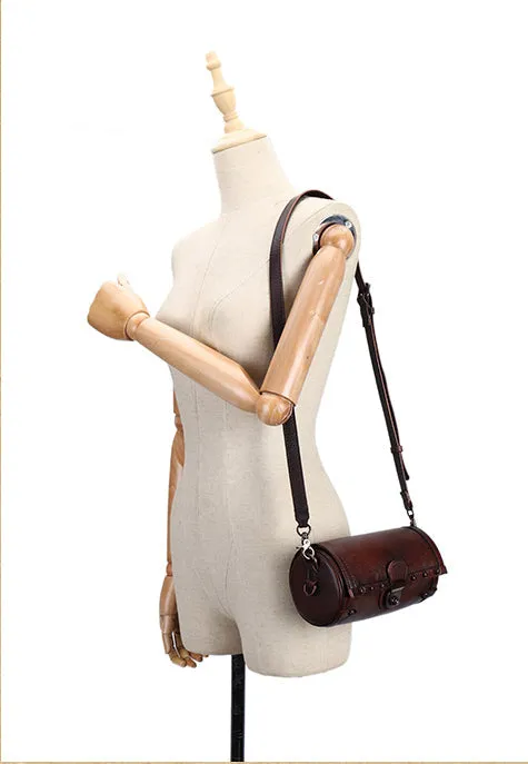 Small Leather Shoulder Bag Barrel Purse Brown Leather Crossbody Bag