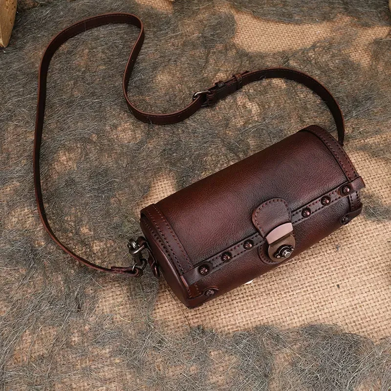 Small Leather Shoulder Bag Barrel Purse Brown Leather Crossbody Bag