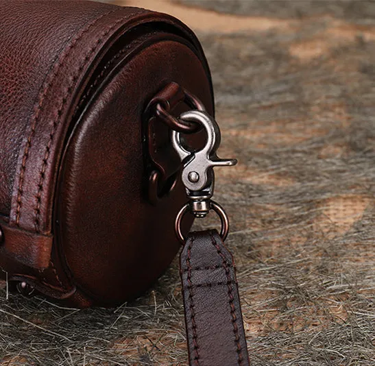 Small Leather Shoulder Bag Barrel Purse Brown Leather Crossbody Bag