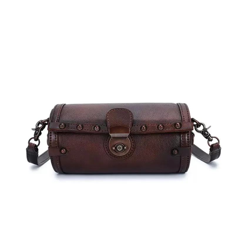 Small Leather Shoulder Bag Barrel Purse Brown Leather Crossbody Bag