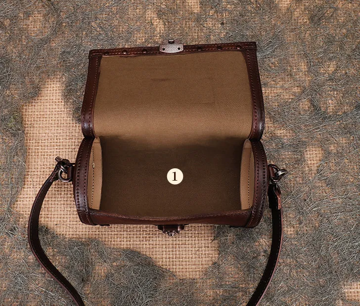 Small Leather Shoulder Bag Barrel Purse Brown Leather Crossbody Bag