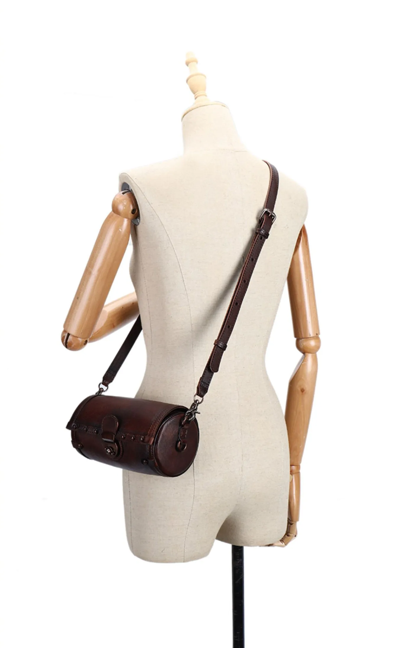 Small Leather Shoulder Bag Barrel Purse Brown Leather Crossbody Bag