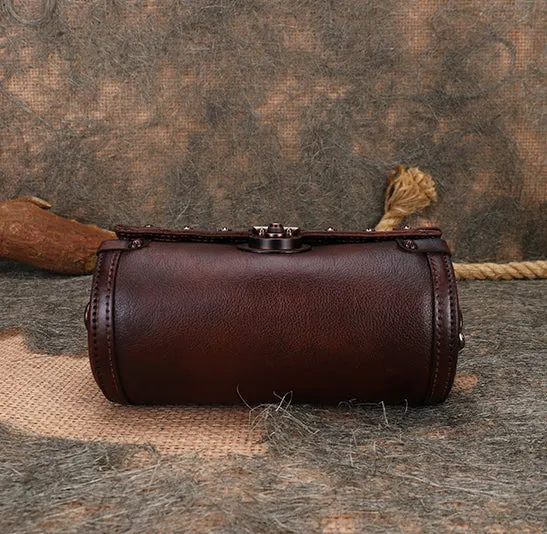 Small Leather Shoulder Bag Barrel Purse Brown Leather Crossbody Bag