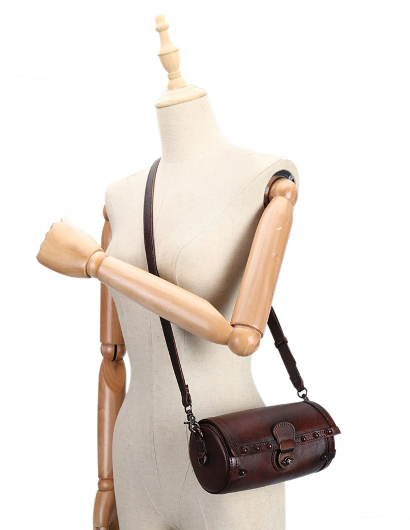 Small Leather Shoulder Bag Barrel Purse Brown Leather Crossbody Bag