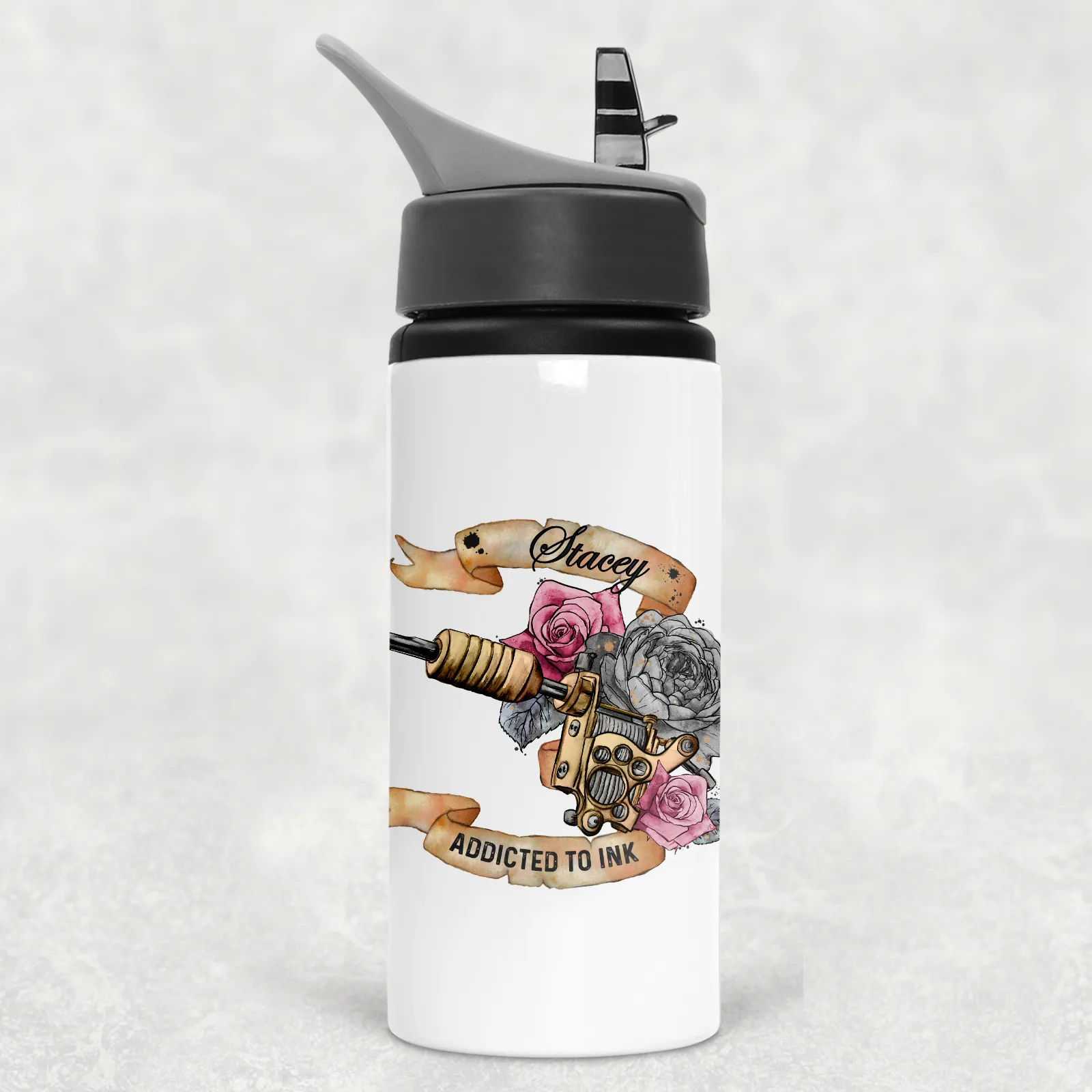 Tattoo Addict Personalised Aluminium Straw Water Bottle 650ml