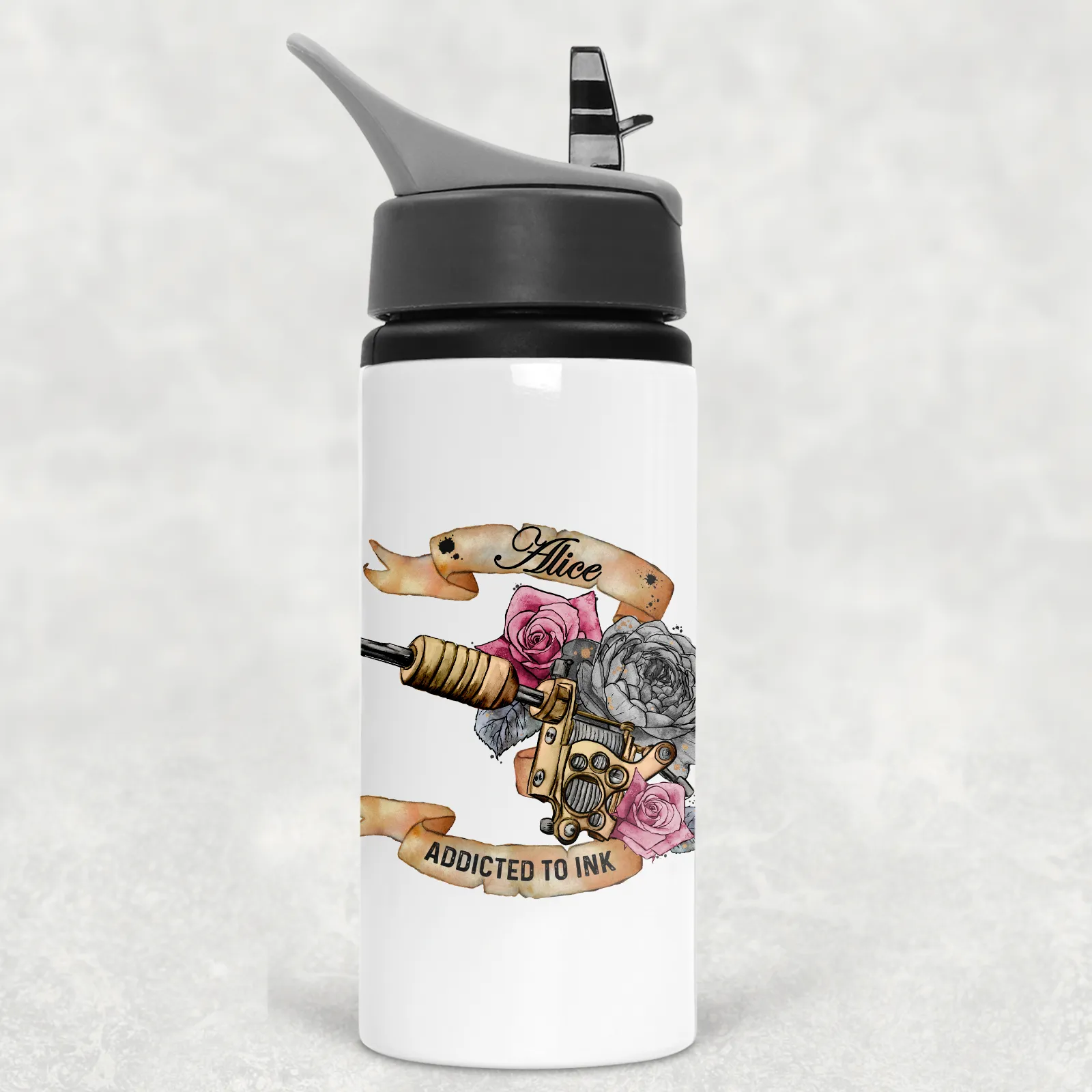 Tattoo Addict Personalised Aluminium Straw Water Bottle 650ml