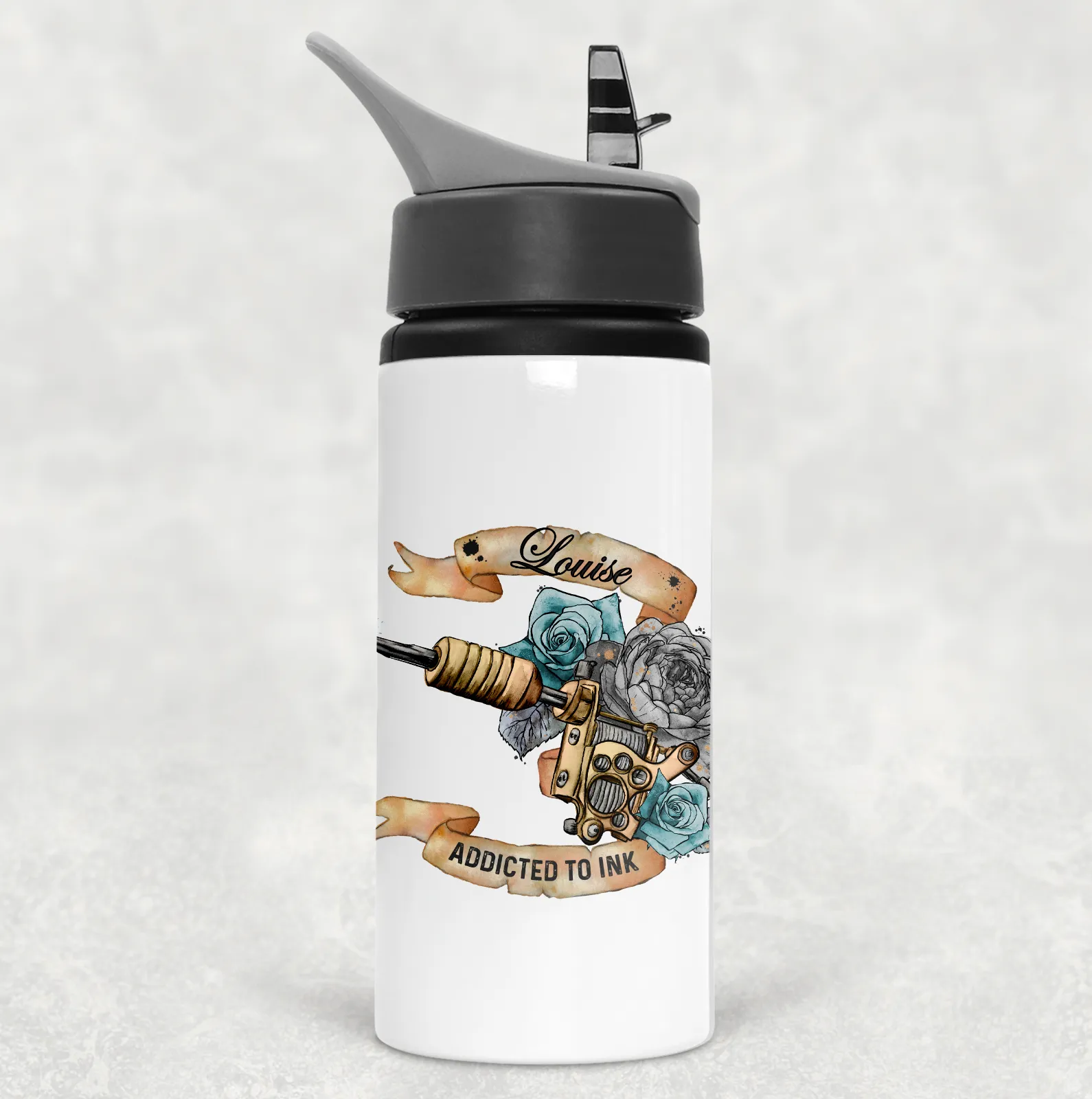 Tattoo Addict Personalised Aluminium Straw Water Bottle 650ml