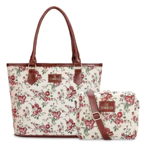 THE CLOWNFISH Combo Of Adelina Sling for Women Crossbody Bag for Ladies College Girls & Justina Tapestry Fabric & Faux Leather Handbag for Women (White-Floral)