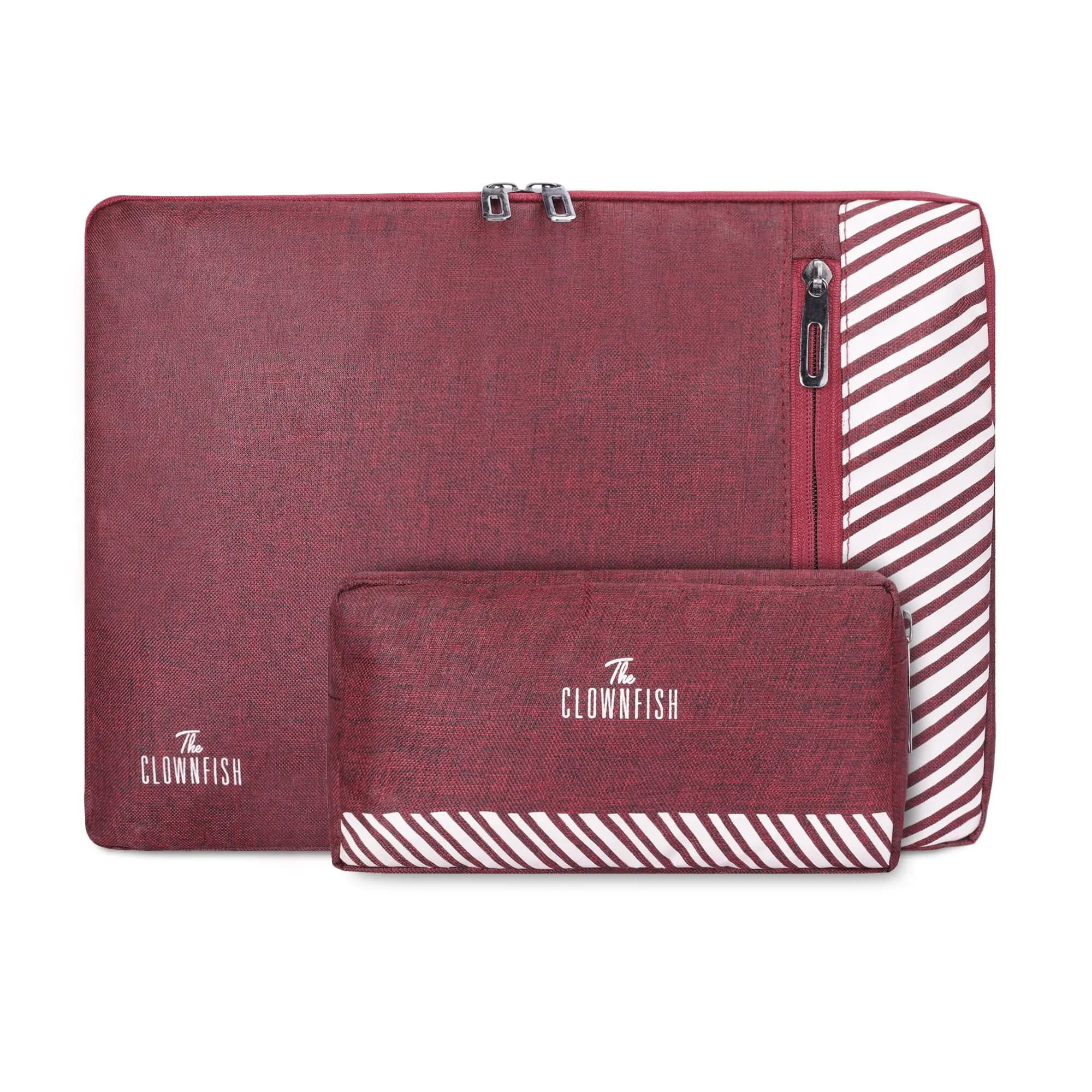 The Clownfish Combo of Algo Series Polyester 14 inch Laptop Sleeve & Scholar Series Multipurpose Polyester Travel Pouch Pencil Case Toiletry Bag (Maroon)