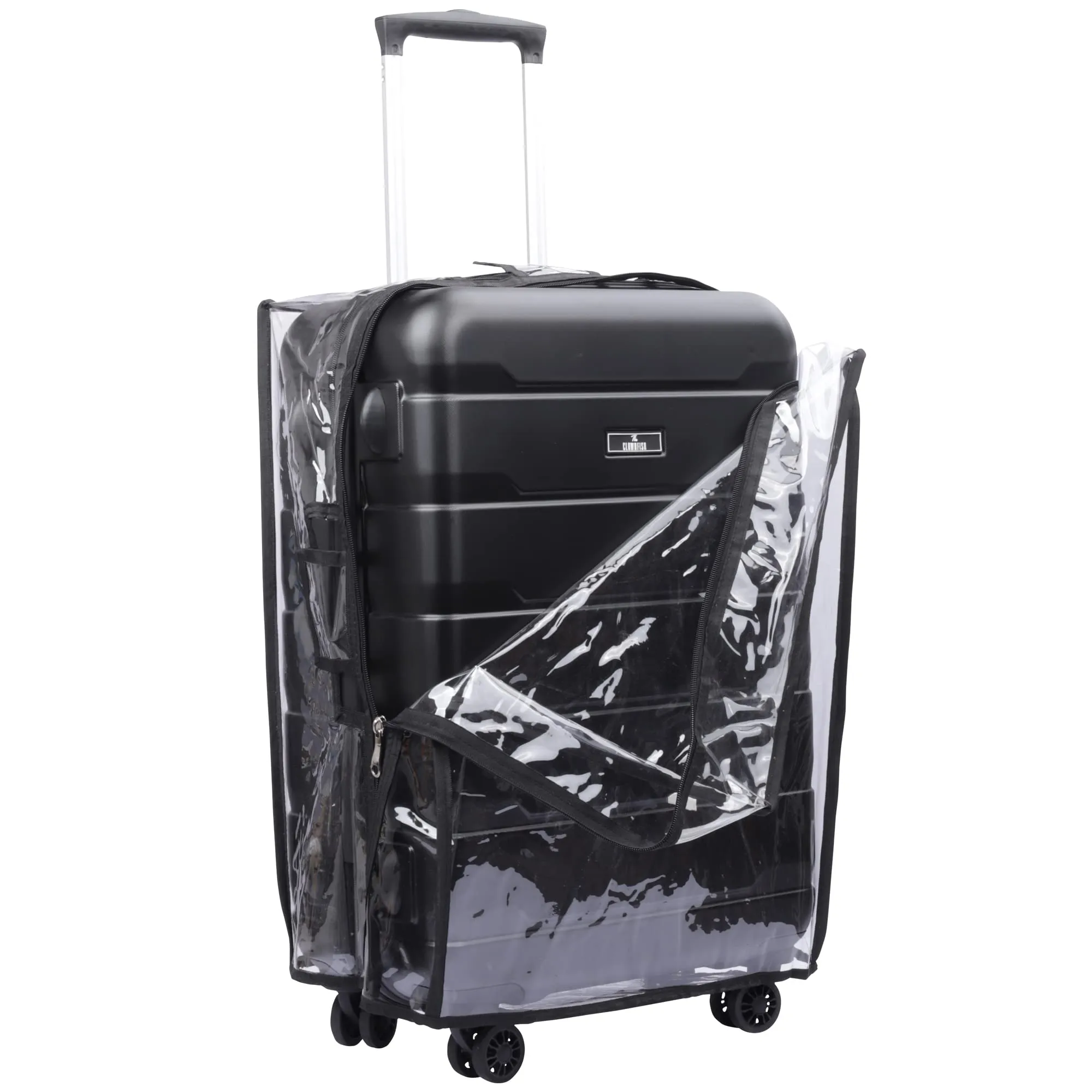 THE CLOWNFISH Jeffrey Luggage Polycarbonate Hard Case Suitcase Four Wheel Trolley Bag with Transparent PVC Protective Cover Waterproof for 20 inch Trolley - Black (Small size,55 cm)