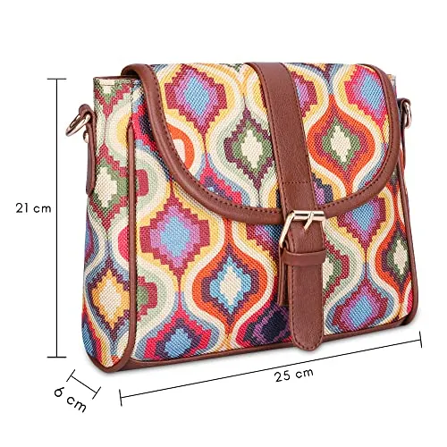 THE CLOWNFISH Madeline Printed Handicraft Fabric Handbag for Women Sling Bag Office Bag Ladies Shoulder Bag with Snap Flap Closure & Shoulder Belt Tote For Women College Girls (Multicolour Design)